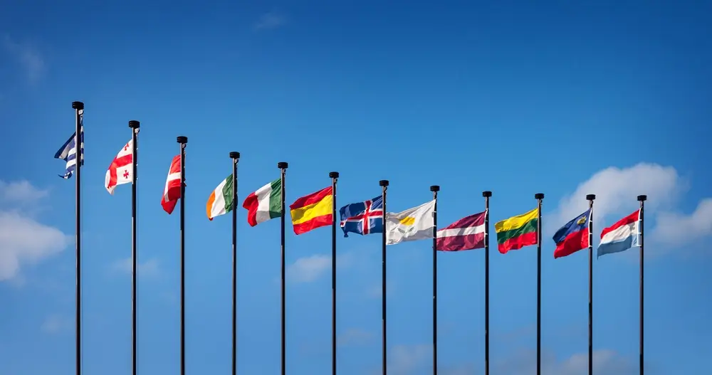 Bandeiras-nacionais-dos-paises-europeus-contra-o-ceu-azul